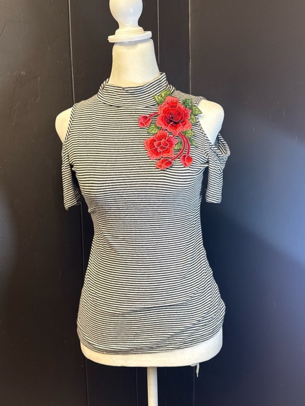 Black & White Striped Cold-Shoulder Tank with Red Floral Applique